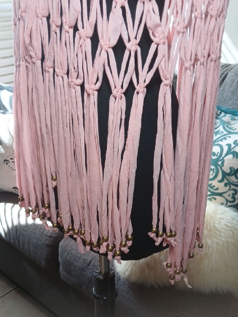 Boho Pink Macramé Fringe Vest with Beaded Trim - Picture 6 of 7